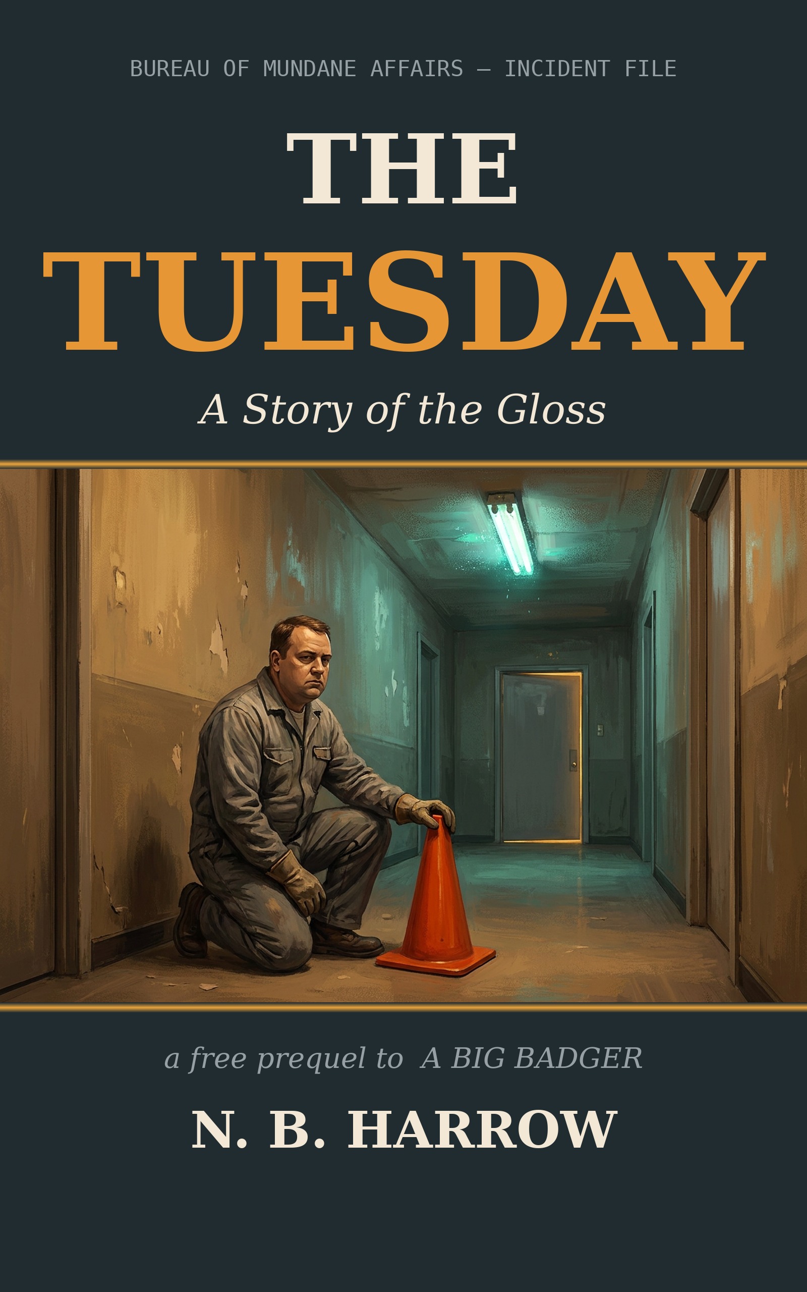 The Tuesday — a free story of the Gloss: a maintenance man placing a traffic cone in a government corridor, warm light under a distant gray door.