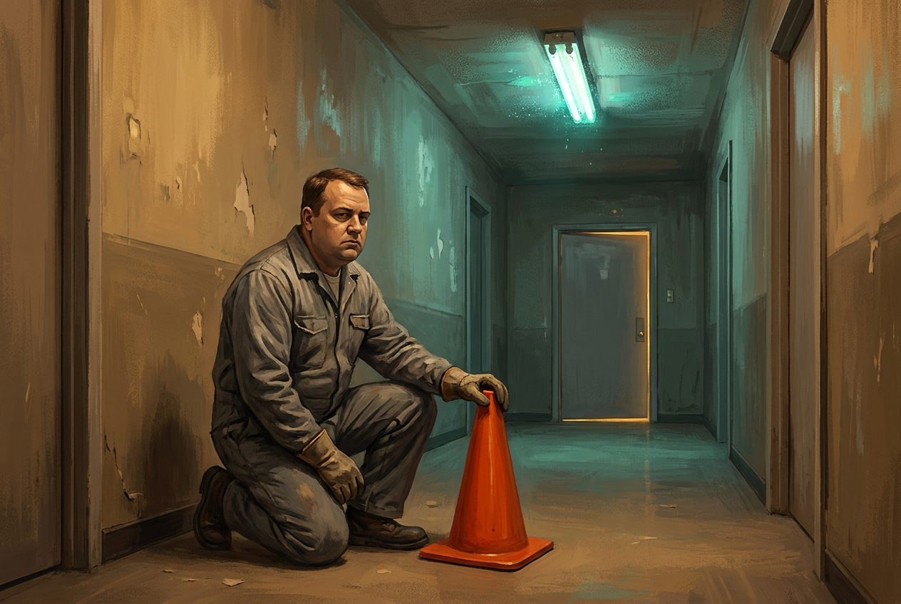 The Tuesday — a free story of the Gloss: a maintenance man placing a traffic cone in a government corridor, warm light under a distant gray door.